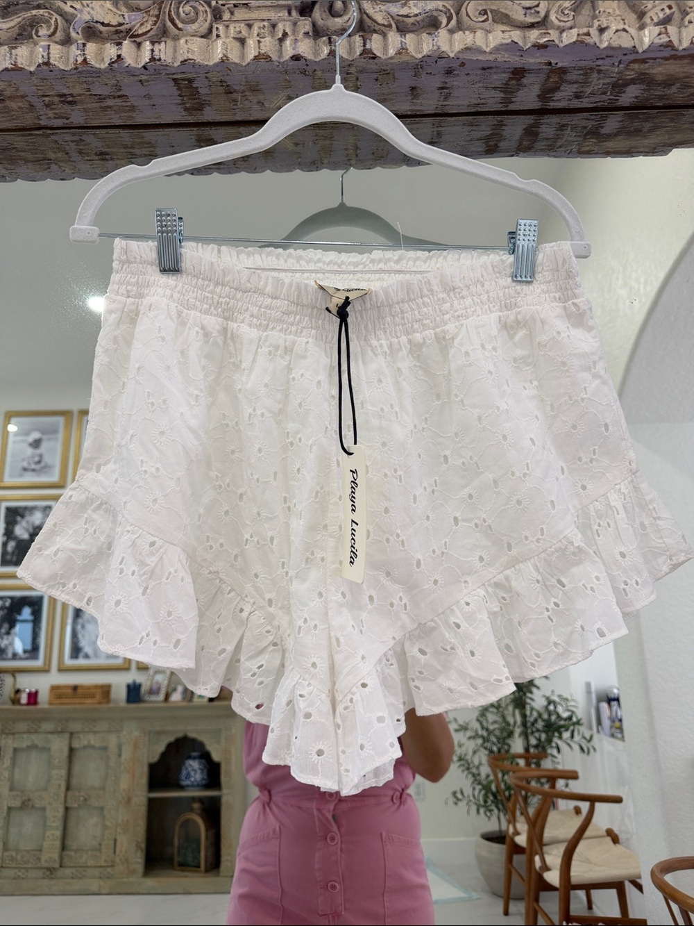 100% Cotton Petite White Eyelet Ruffle Shorts with Elastic Waist